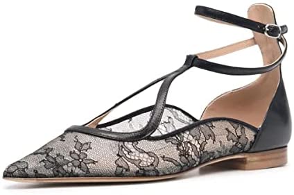 FSJ Women's Comfortable Chunky Low Heel Flats Cross Ankle Strap Buckle Classic Pointy Toe Retro T-Strip Walking Dress Shoes Size 4-15 US