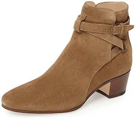FSJ Women Elegant Round Toe Ankle Boots Comfortable Walking Mid High Chunky Heels Strappy Buckle Dress Shoes Size 4-15 M US