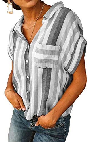 Womens V Neck Stripe Shirt Casual Cuffed Sleeve Button Down Collar Blouses Tops with a Pocket