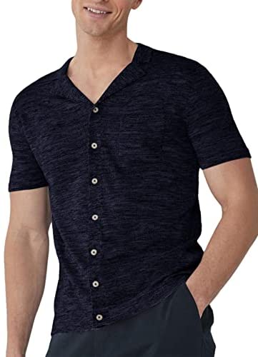 Mens Button Down Shirts Knitted Short Sleeve Casual Lapel V Neck Loose Fit Lightweight Tops with Chest Pocket