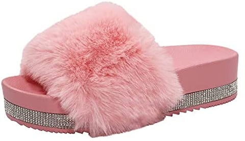 EETTARO Women's Fuzzy Slippers Faux Fur Slides Open Toe Fluffy Platform Sandals Slip on Indoor Outdoor Shoes