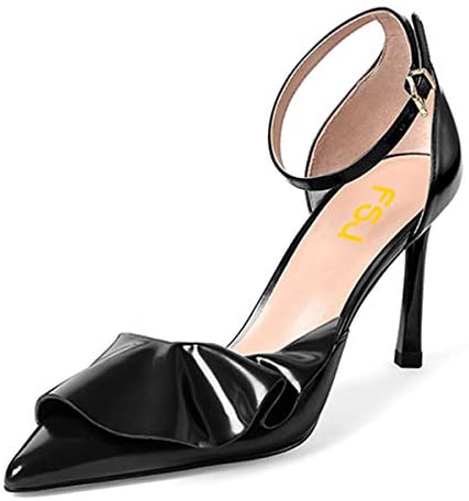 FSJ Women Fashion High Stiletto Heel Pumps Ankle Strap Adjustable Buckle Sandals Pointed Closed Toe Patent Leather Ladies Girls Prom Party Summer Dress Shoes with Ruffles Size 4-15 US