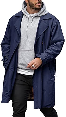 Mens Long Trench Coat Single Button Notch Lapel Collar WindBreak Waterproof Overcoat Lightweight Jackets with Pockets