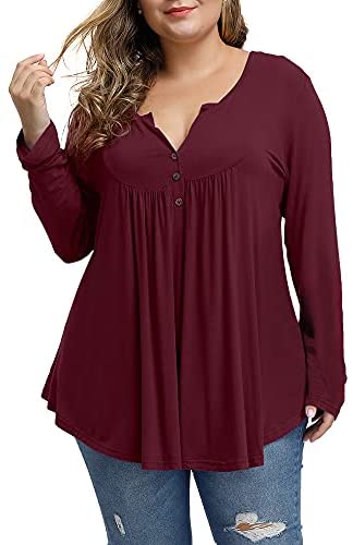 Women's Plus Size Tunics Button Up Henley V Neck Tops Pleated Long Sleeve Tunic Shirts