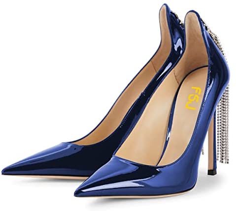 FSJ Women Stylish Rhinestone Chain Pumps Sexy Pointy Toe Stiletto High Heel Party Slip On Swallow Tailed Tassel Dress Prom Bridal Shoes Size 4-15 US