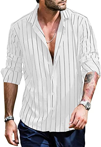 Men's Striped Long Sleeve Shirts Button Down Casual Roll Up Sleeve V Neck Beach T-Shirts Linen Tops