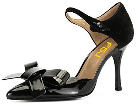 FSJ Women Close Pointed Toe Pumps Bow Ankle Strap Middle High Stiletto Heels Shoes