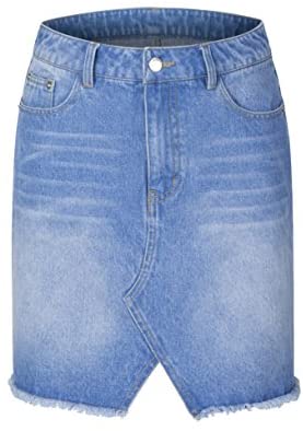 Womens Distressed Ripped Denim Short Pencil Skirt, Frayed Hem