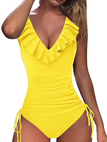 Zwurew Women Deep V Neck Ruffled Drawstring Swimwear One Piece Swimsuit Solid Bodysuit Monokini Bather Bathing Suit Beachwear