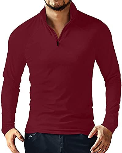 Men's Quarter Zip Long Sleeve Polo Shirt V Neck Casual Basic Slim Fit Cotton Shirts Tops