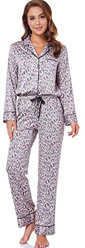Women's Satin Pajama Set 2-Piece Sleepwear Loungewear Long Sleeve Button Down PJ Set