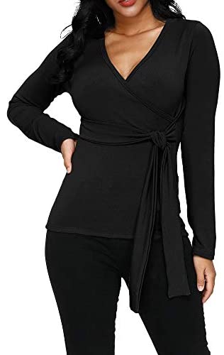 Zumla Women Tops Long Sleeve Casual Fall Sexy Wrap V Neck Blouse for Work Tie Front