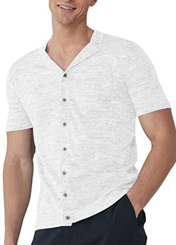 Mens Button Down Shirts Knitted Short Sleeve Casual Lapel V Neck Loose Fit Lightweight Tops with Chest Pocket