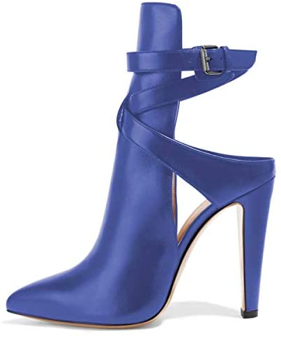 FSJ Women Pointed Toe Chunky High Heels Strappy Dress Bootie Pumps Ankle Wrap Slingback Sandal Shoes Size 4-15 M US