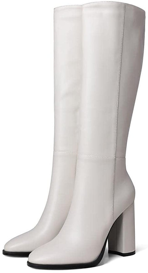 WAYDERNS Women's Solid Microfiber Round Toe Zip Thick Block High Heel Knee High Boots 4 Inch