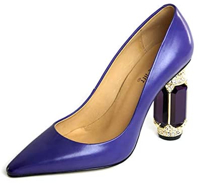 FSJ Women Leather Crystal Chunky High Heel Pumps Pointed Toe Slip on Wedding Parrty Dress Shoes Size 4-12 US