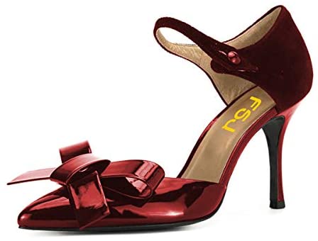 FSJ Women Close Pointed Toe Pumps Bow Ankle Strap Middle High Stiletto Heels Shoes