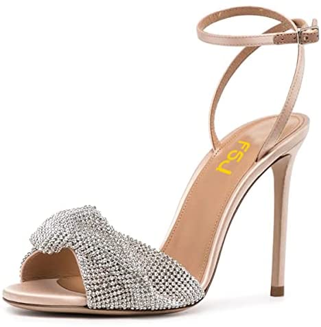 FSJ Women Floral Open Toe Bowknot Stylish Stiletto High Heel Sandals Adjustable Ankle Strap Buckle Pumps Fashion Rhinestones Studded Slingback Wedding Prom Shoes Size 4-15 US