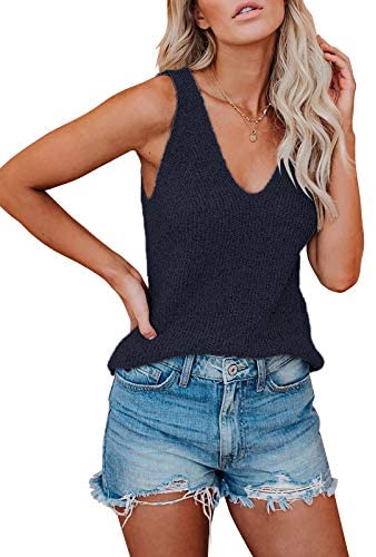Ruanyu Womens Sexy V Neck Tank Tops Summer Knitted Sleeveless Lightweight Camisole Loose Fit Casual Shirts