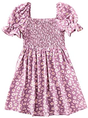 GAMISOTE Girls Floral Dress Puff Sleeve Flowy Smocked A Line Ruffle Summer Sundress