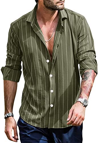 Men's Striped Long Sleeve Shirts Button Down Casual Roll Up Sleeve V Neck Beach T-Shirts Linen Tops