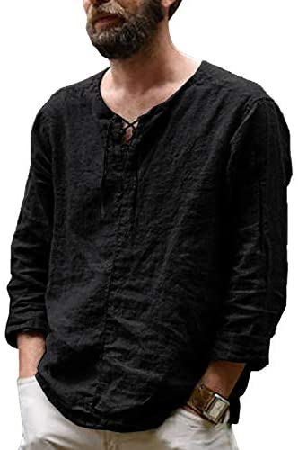 Men's Cotton Linen Henley Shirt Long Sleeve Drawstring Casual V Neck Lace-Up Plain Tops