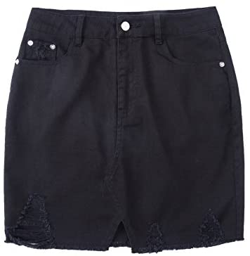 Womens Distressed Ripped Denim Short Pencil Skirt, Frayed Hem