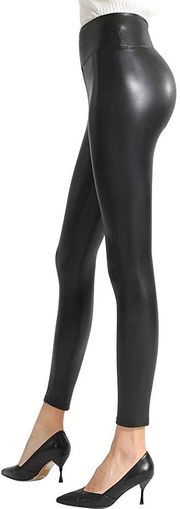 Ginasy Black Faux Leather Leggings for Women High Waisted Stretch Leather Pants with Thin Fleece Line