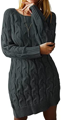 Sweater Dress for Women Long Sleeve Cable Knit Casual Crew Neck Mini Dress Warm Chunky Sweater Pullover