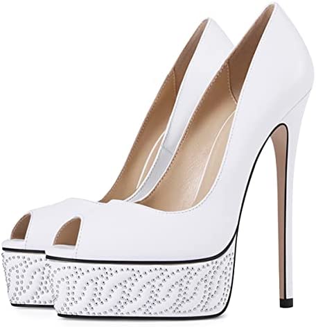 FSJ Women Peep Toe Rhinestones Platform Dress Pumps Sexy High Heels Slip On Heeled Sandals Stiletto Evening Party Shoes Size 4-15 US