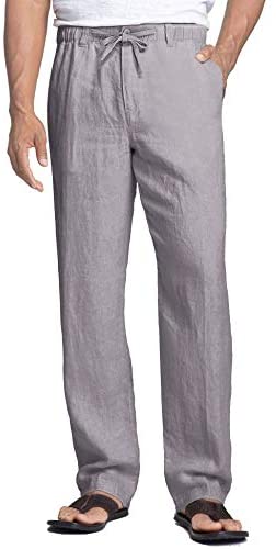 Men's Linen Pants Casual Elastic Waist Drawstring Beach Trousers