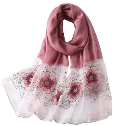 WINCESS YU Women Mulberry Silk Scarf Long & Large Embroidered Floral Pattern Shawl and Wraps Neckerchief for Hair & Neck