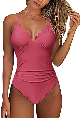 Zwurew Women Scallop Trimmed One Piece Swimsuit Solid Swimwear Monokini Bather Bathing Suit Beachwear