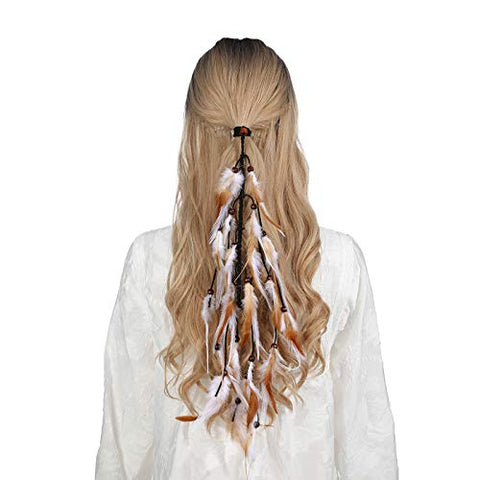 Hippie Feather Extension Hair Ties - AWAYTR Boho Feather Crown Elastic Gypsy Festival Headband Indian Hair Accessories 1970s (White + dark brown)