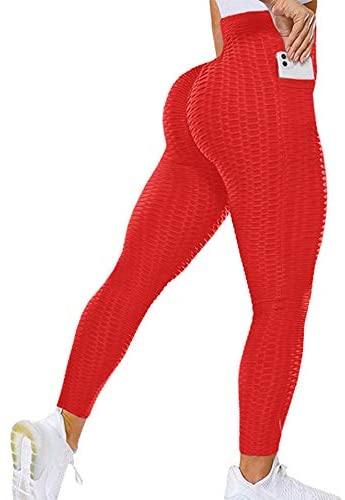 Women's Bubble Hip Butt Lifting High Waist Leggings Honeycomb Textured Tummy Control Yoga Pants Pocket Sport Tights