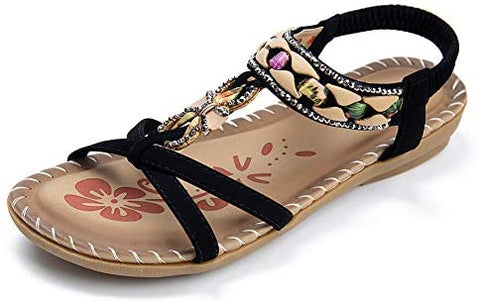 Womens Summer Comfort Flats Sandals with Elastic Ankle Strap Casual Gladiator Bohemian Rhinestone Shoes Beach Slip On Sandals Open Toe