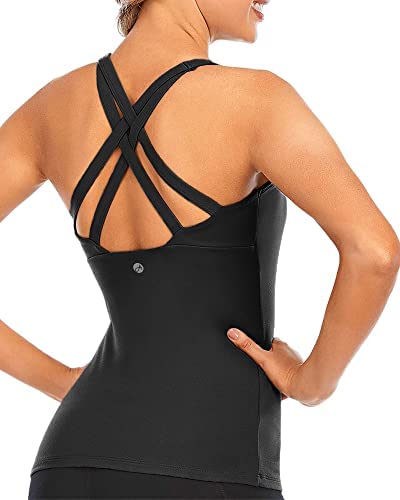 Womens Running Criss Cross Yoga Tank Top Workout Sleeveless Top with Built-in Bra