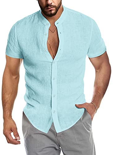 Men's Casual Cotton Shirts Mandarin Collar Short Sleeve Button Down Shirt