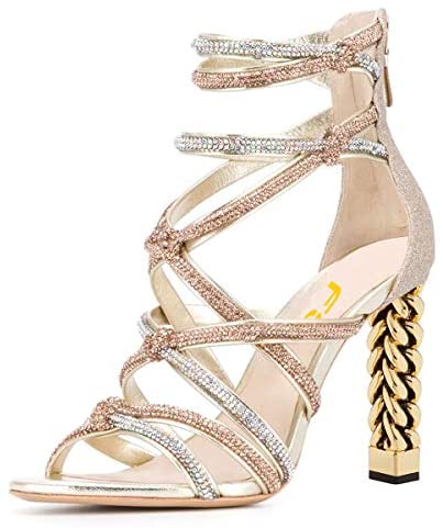 FSJ Women High Heels Strappy Ankle Straps Sandals Open Toe Back Zip Rhinestones Glitter Pumps Shoes Size 4-15 US
