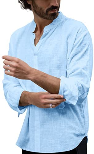 Mens Linen Cotton Casual Henley Shirts Long Sleeve Basic Lightweight Shirt Beach Fishing Yoga Tops