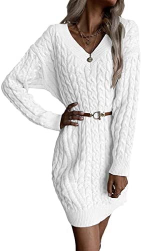 Dyexces Womens Cable Knit Sweater Dress Long Sleeve V Neck Mini Knit Dresses Without Belt Loose Casual Sweaters