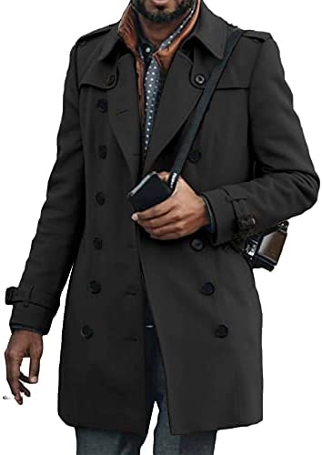 Mens Long Double Breasted Trench Coat Notch Lapel Collar Solid Color Windbreaker Waterproof Jacket Overcoat Outwear