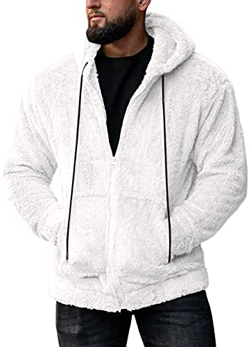 Mens Pullover Hoodie Fluffy Full Zip Sherpa Fleece Sweatshirts Fashion Casual Hooded Winter Warm Outwear with Pockets