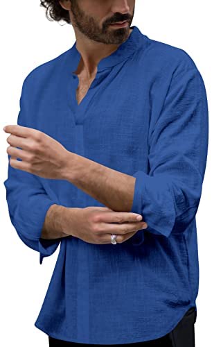 Mens Linen Cotton Casual Henley Shirts Long Sleeve Basic Lightweight Shirt Beach Fishing Yoga Tops