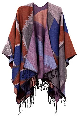 Women's Printed Tassel Open front Poncho Cape Wrap Shawl