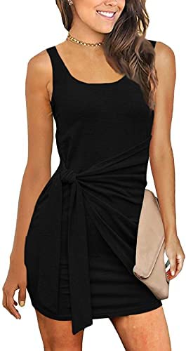 Women Sleeveless Ruched Tie Waist Sundress Tank Bodycon Mini Dress Basic Party Club Shirt Dress