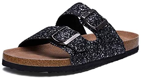 mysoft Womens Slide Sandals Cork Footbed，2 Straps Adjustable Buckle Slip on Sandals with +Comfort Arch Support