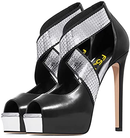 FSJ Women's Sexy Cross Strappy High Platform Stiletto Heels Dress Pumps Peep Toe High Heels Party Heeled Sandals with Silver Sparkle Shoes Size 4-15 US