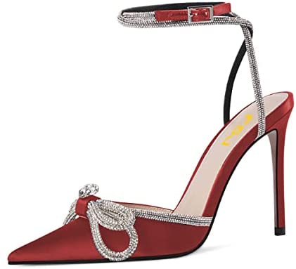 FSJ Women's Pointy Toe Stiletto High Heels Sandals Rhinestones Bowknot Ankle Strap Buckle Heeled Pumps Satin Lace Up Dress Party Shoes Size 4-15 US