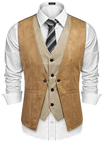 Men's Suede Leather Vest Layered Style Dress Vest Waistcoat